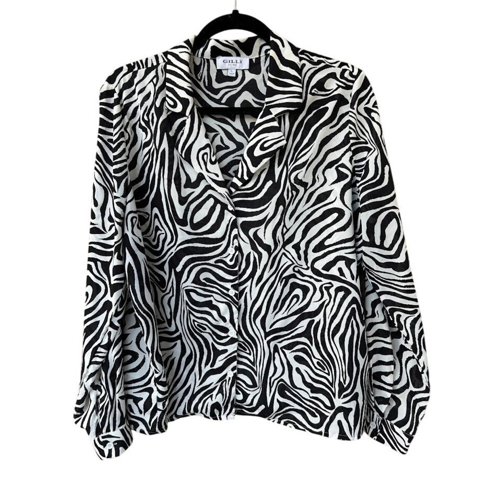 GILLI Zebra Print Button Up Blouse Long Sleeve Shirt Top Women's Size L